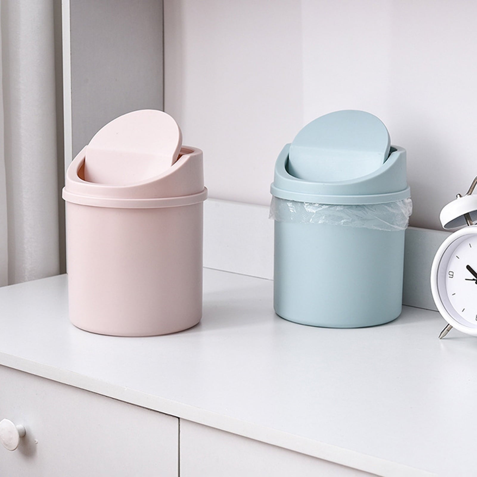 Walbest Desktop Mini Cute Trash Can with Swing Lid, Space Saving PP Plastic Cylindrical Tiny Garbage Can, V1189-LWWAL-20260325-00677