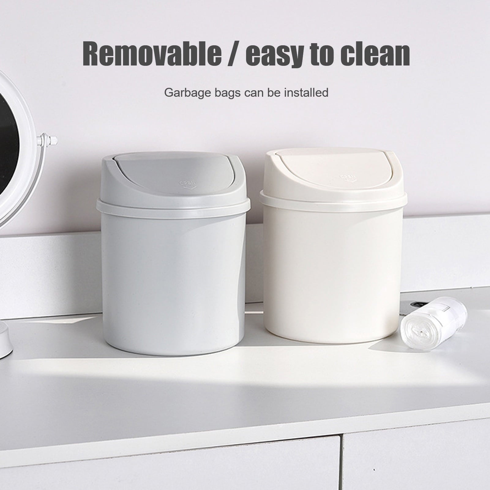 Walbest Desktop Mini Cute Trash Can with Swing Lid, Space Saving PP Plastic Cylindrical Tiny Garbage Can, V1189-LWWAL-20260325-00677