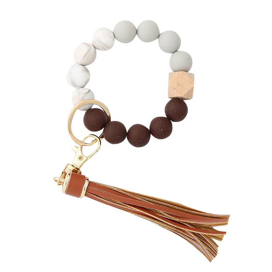 JWDX Ring, Hangs Clearance! Silicone Key Ring Bracelet, Women Beaded Bangle Keychain Wristlet Leather Tassel V1189-LWWAL-20260325-02843