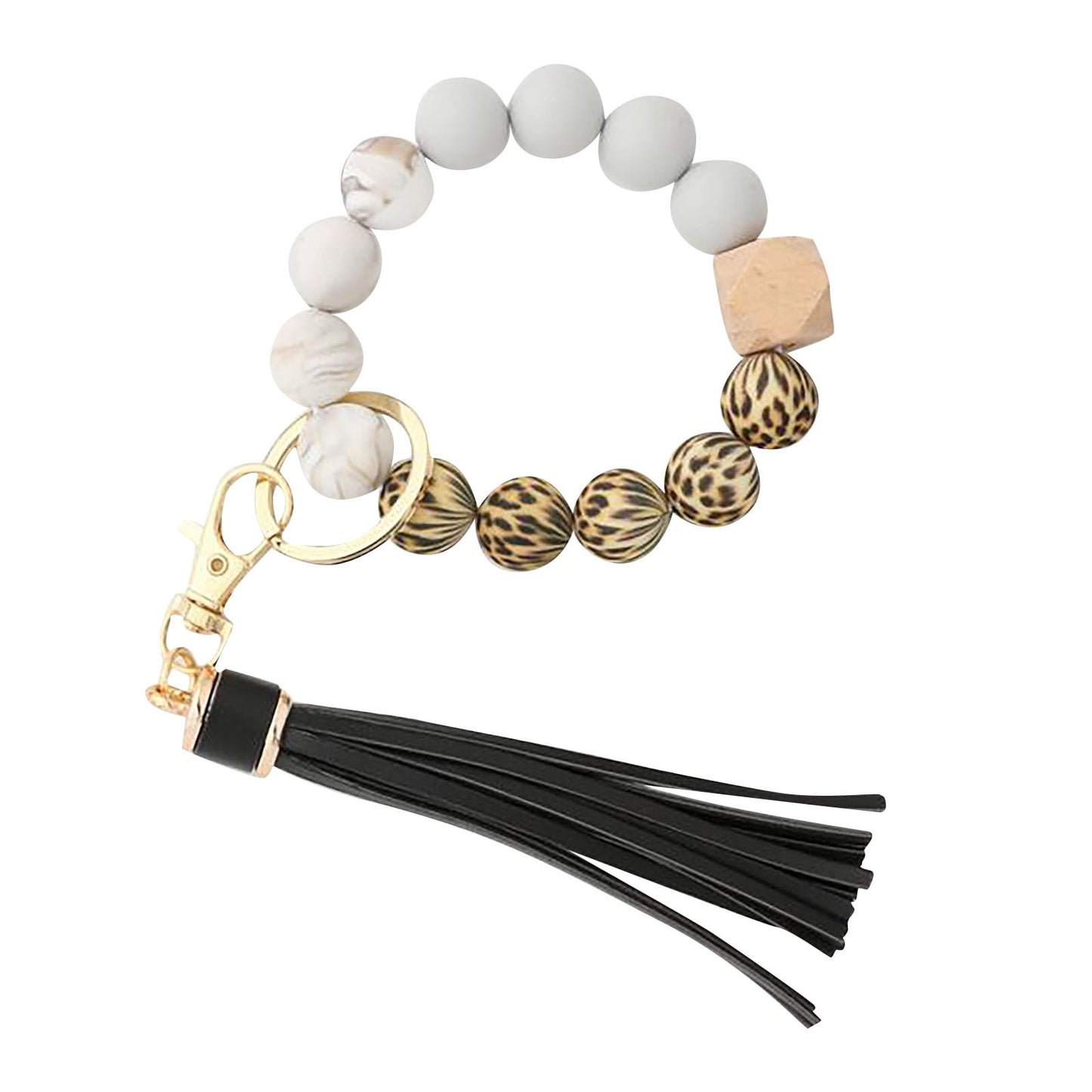 JWDX Ring, Hangs Clearance! Silicone Key Ring Bracelet, Women Beaded Bangle Keychain Wristlet Leather Tassel F V1189-LWWAL-20260325-02844