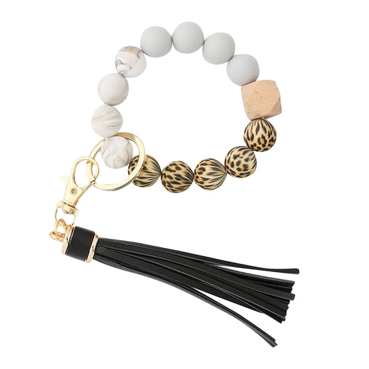 JWDX Ring, Hangs Clearance! Silicone Key Ring Bracelet, Women Beaded Bangle Keychain Wristlet Leather Tassel F V1189-LWWAL-20260325-02844