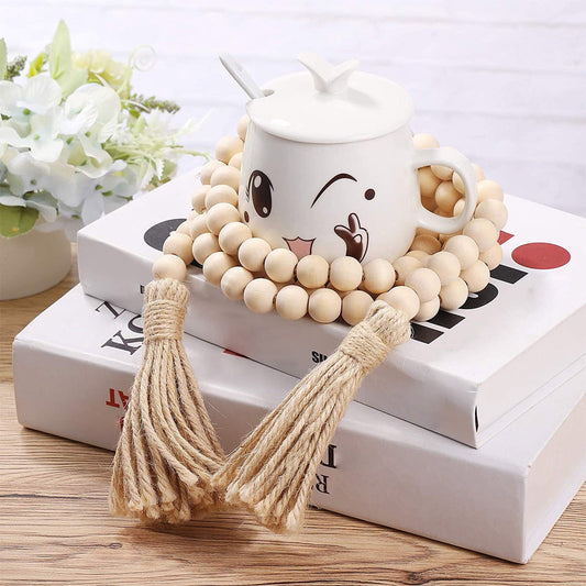 Clearance! JWDX Twine Beaded, Desktop Ornament Promotion, 58In Wood Bead Garland with Tassels Farmhouse Beads V1189-LWWAL-20260325-02894