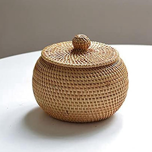 Round Rattan Box with Lid, Hand Woven Storage Box, Multifunctional Desktop Tray Storage Basket Decoration for V1189-LWWAL-20260325-02938