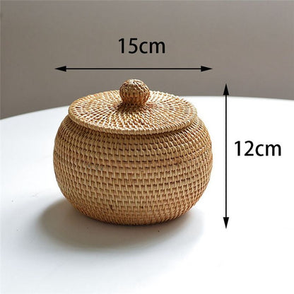Round Rattan Box with Lid, Hand Woven Storage Box, Multifunctional Desktop Tray Storage Basket Decoration for V1189-LWWAL-20260325-02938
