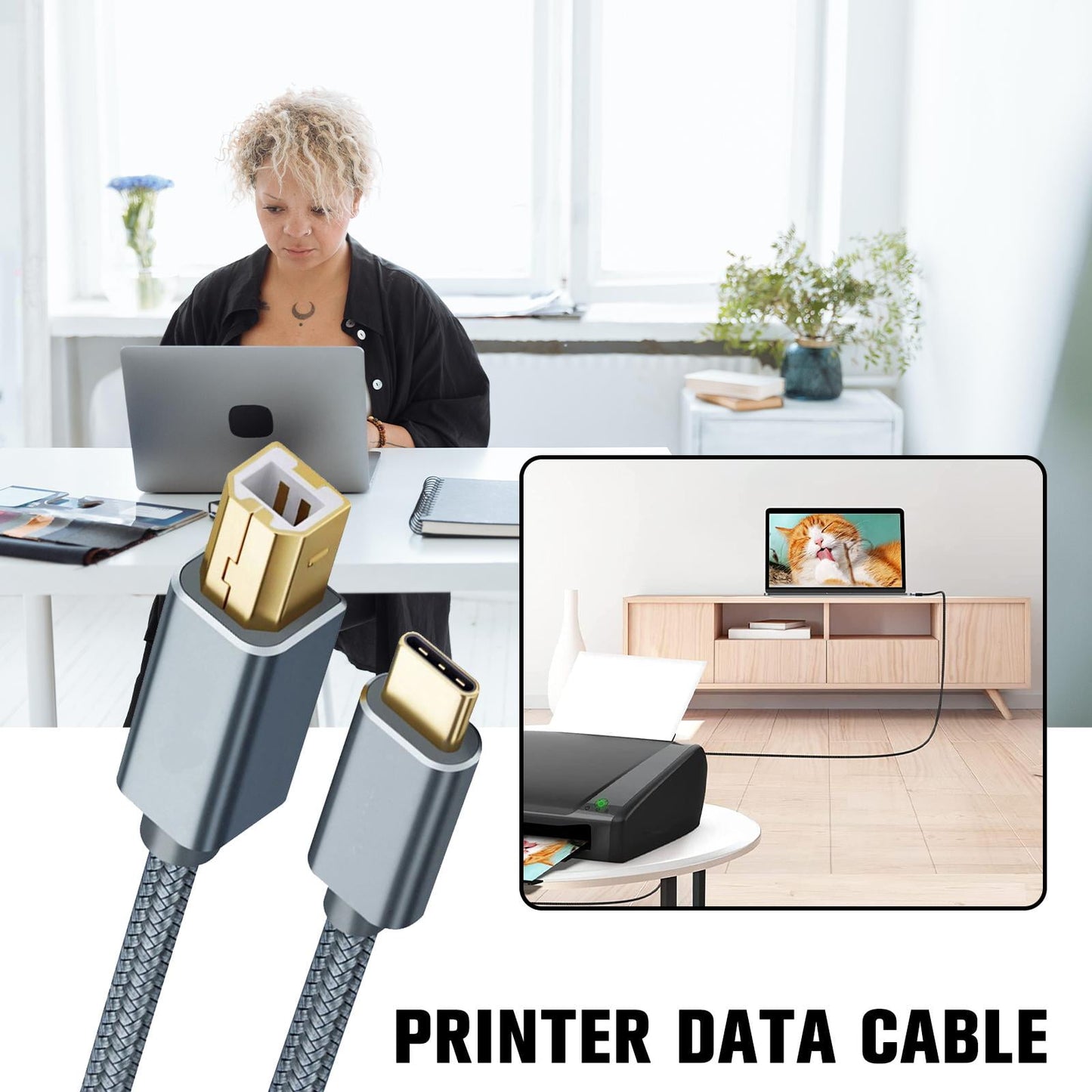 Wmool USB Type-C to USB B 2.0 Printer Cable Scanner Laptop; Gray V1189-LWWAL-20260325-03167