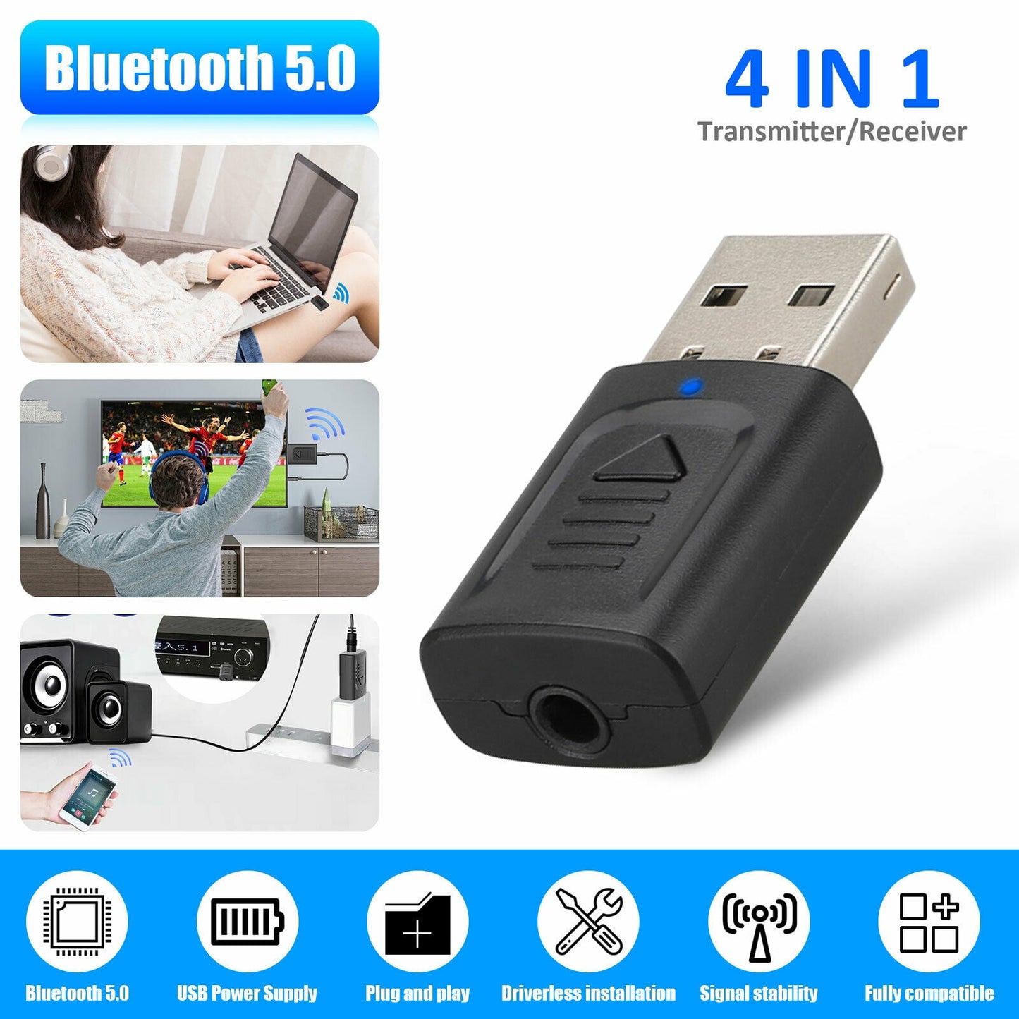 4 IN 1 5.0 Bluetooth Adapter USB Wireless Bluetooth Sender Receiver Music Audio for TV Portable 3.5mm AUX V1189-LWWAL-20260327-03904
