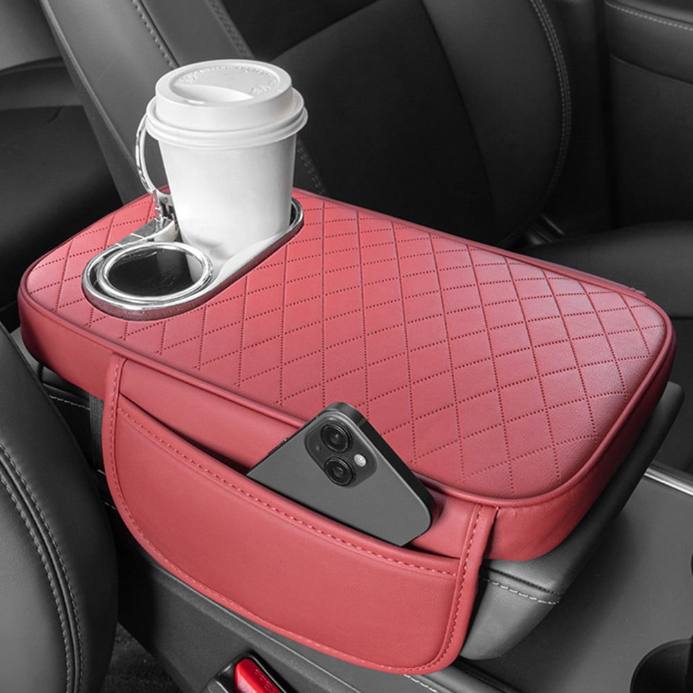 Car Armrest Cushion With 2 Cup Holder And Side Pocket Pu Leather Beige V1189-LWWAL-20260327-04356