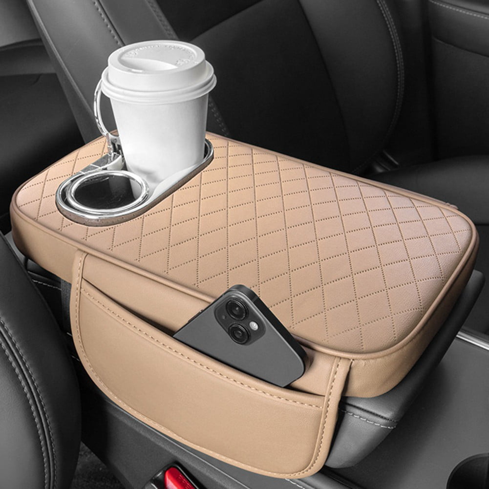 Car Armrest Cushion With 2 Cup Holder And Side Pocket Pu Leather Black V1189-LWWAL-20260327-04357