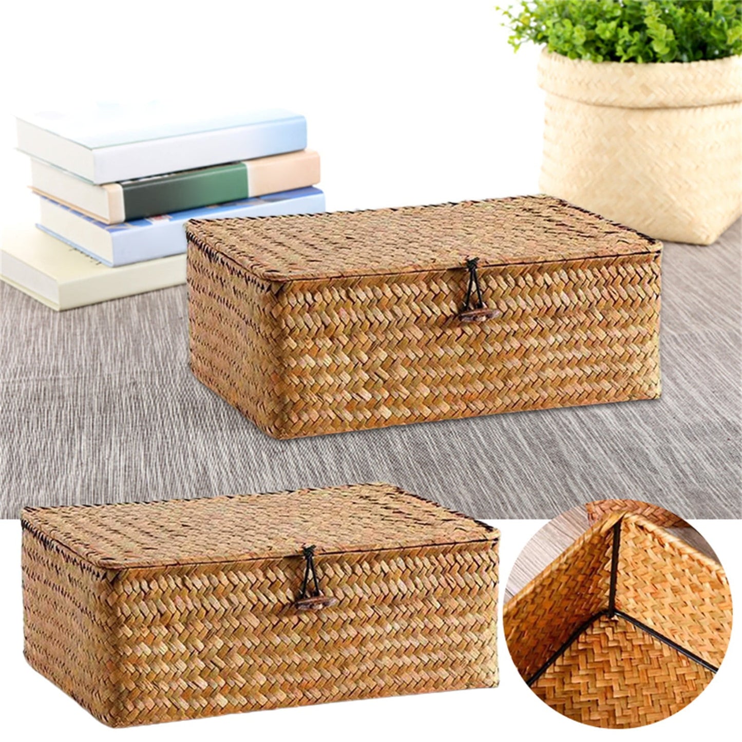 Wicker Shelf Baskets Bin with Lid, Handwoven Seagrass Basket Storage Bins Rectangular Household Basket Boxes V1189-LWWAL-20260401-05463