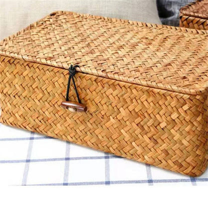 Wicker Shelf Baskets Bin with Lid, Handwoven Seagrass Basket Storage Bins Rectangular Household Basket Boxes V1189-LWWAL-20260401-05463