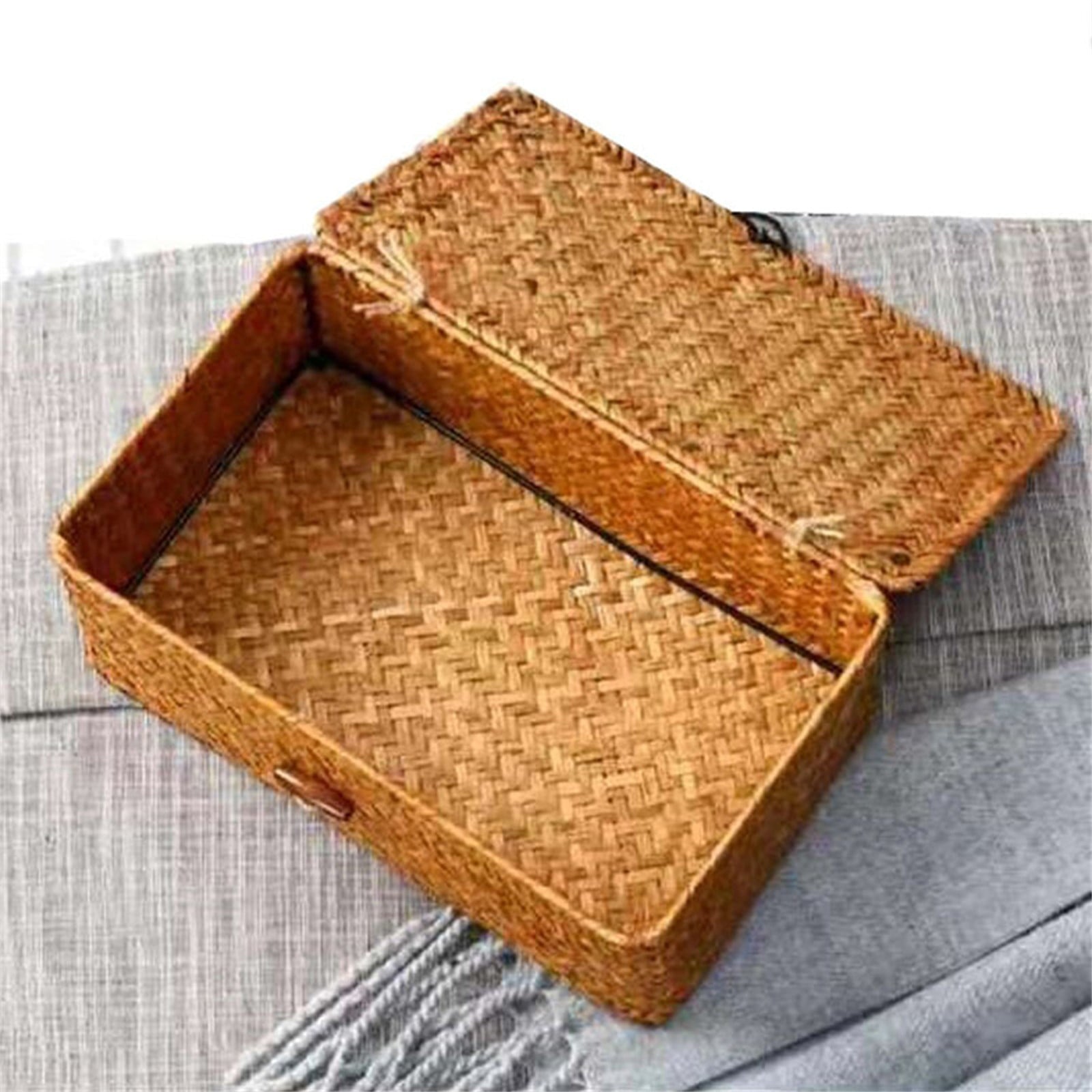 Wicker Shelf Baskets Bin with Lid, Handwoven Seagrass Basket Storage Bins Rectangular Household Basket Boxes V1189-LWWAL-20260401-05463