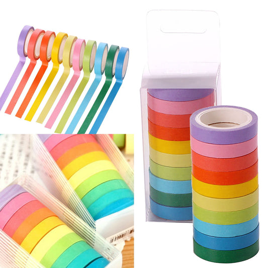 10 Rolls Washi Tape Set Colored Masking Tape Pack Decorative Thin Tapes Children and Gifts Warpping (10MM), V1189-LWWAL-20260401-05535