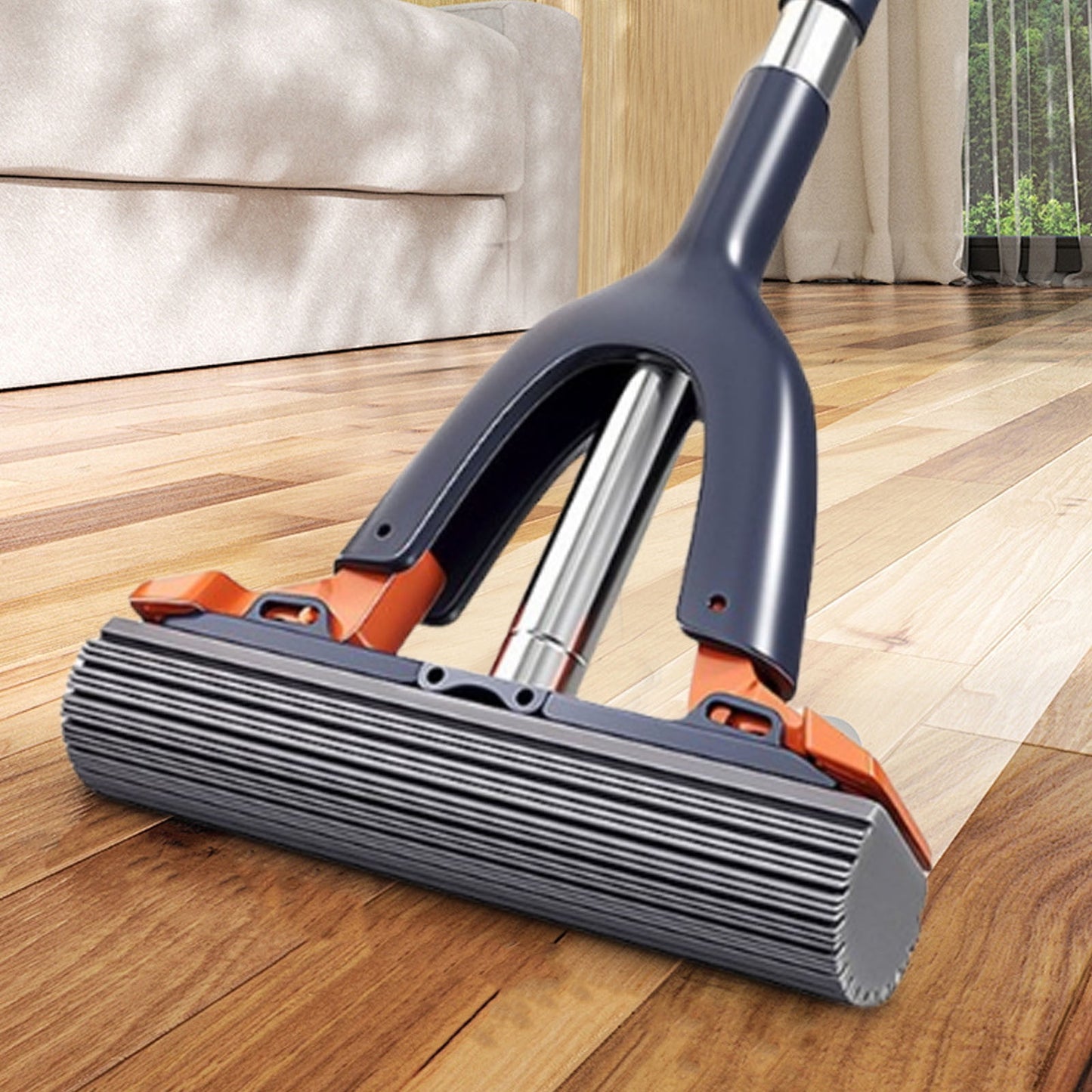 Sponge Mop with Roller Wringer Self Squeezing Floor Cleaner No Hand Contact Thickened Rubber Head for Tile V1189-LWWAL-20260401-05765