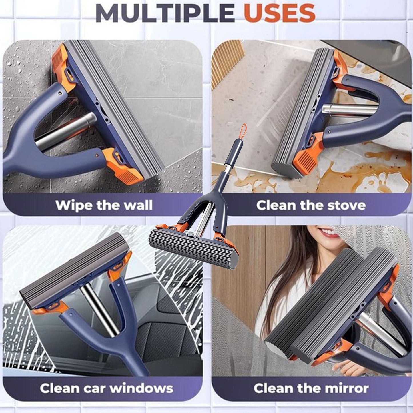 Sponge Mop with Roller Wringer Self Squeezing Floor Cleaner No Hand Contact Thickened Rubber Head for Tile V1189-LWWAL-20260401-05765