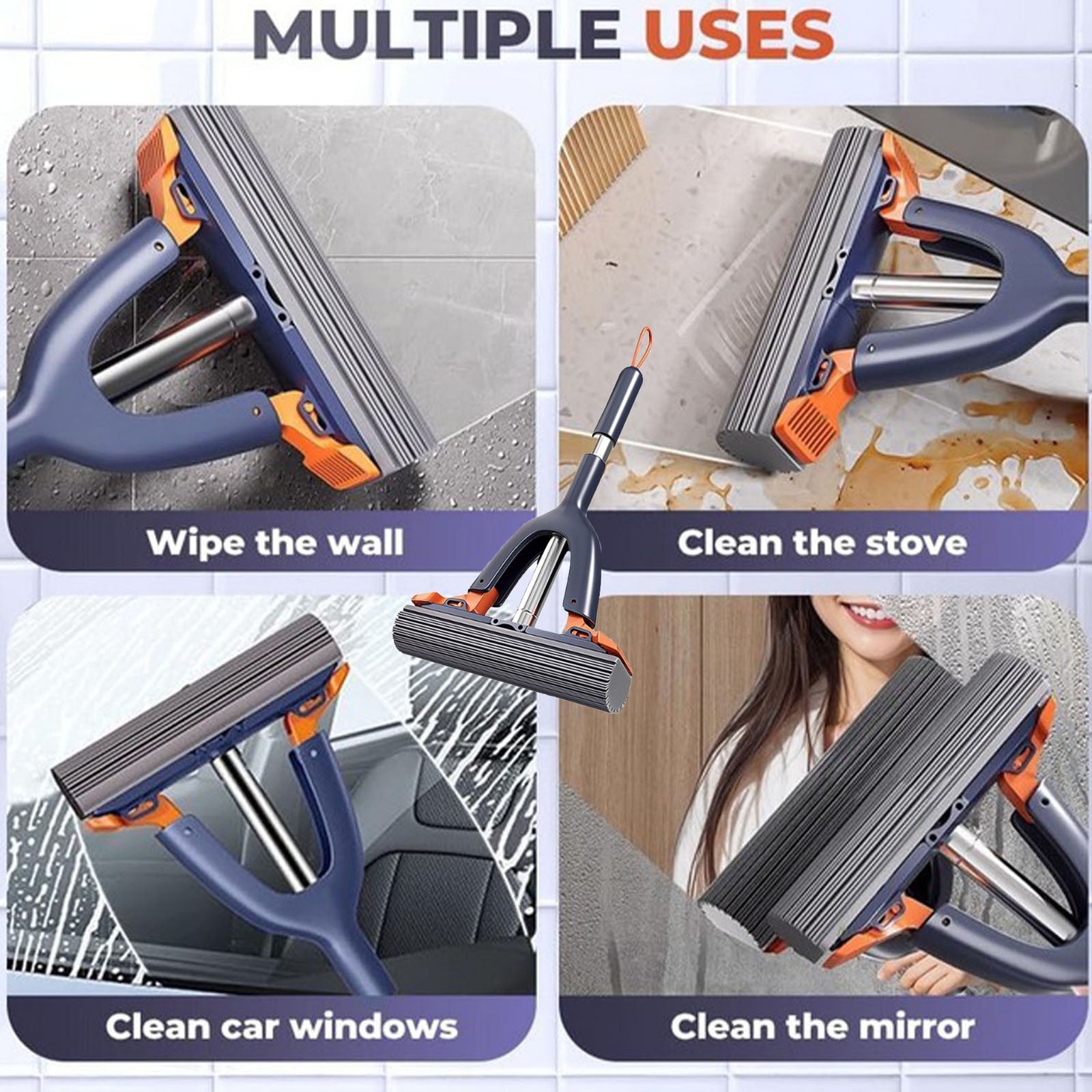 Sponge Mop with Roller Wringer Self Squeezing Floor Cleaner No Hand Contact Thickened Rubber Head for Tile V1189-LWWAL-20260401-05765