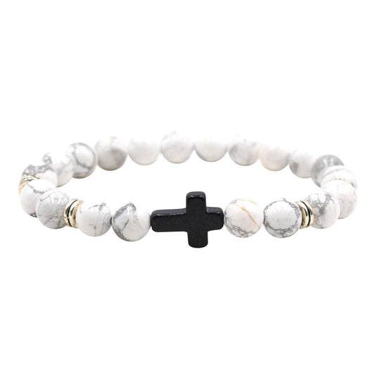 Natural Stone Black Cross Stretch Bracelet Elastic Thread Beaded Unisex Jewelry - One Size Fits Most Wrist, V1189-LWWAL-20260401-05859