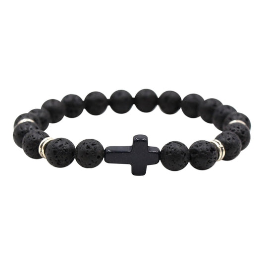 Natural Stone Black Cross Stretch Bracelet Elastic Thread Beaded Unisex Jewelry - One Size Fits Most Wrist, V1189-LWWAL-20260401-05860