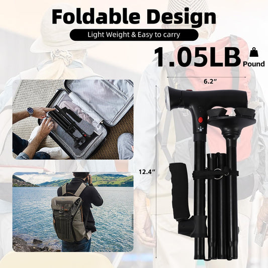 Walking Cane with Led Light and Alarm, Heavy Duty Folding Cane, Adjustable Cane Suitable for Arthritis V1189-LWWAL-20260401-05953