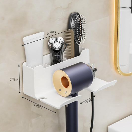 Hair Dryer Holder Wall Mounted, Self-Adhesive Blow Dryer Holder with 3 Storage Compartments, Plastic Hair V1189-LWWAL-20260401-05961