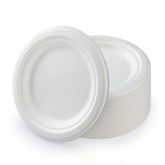 6 inch Round Disposable White Bagasse Dinner Plate, 100% Compostable Natural Sugarcane Fibers, Heavy Duty V1189-LWWAL-20260401-05964