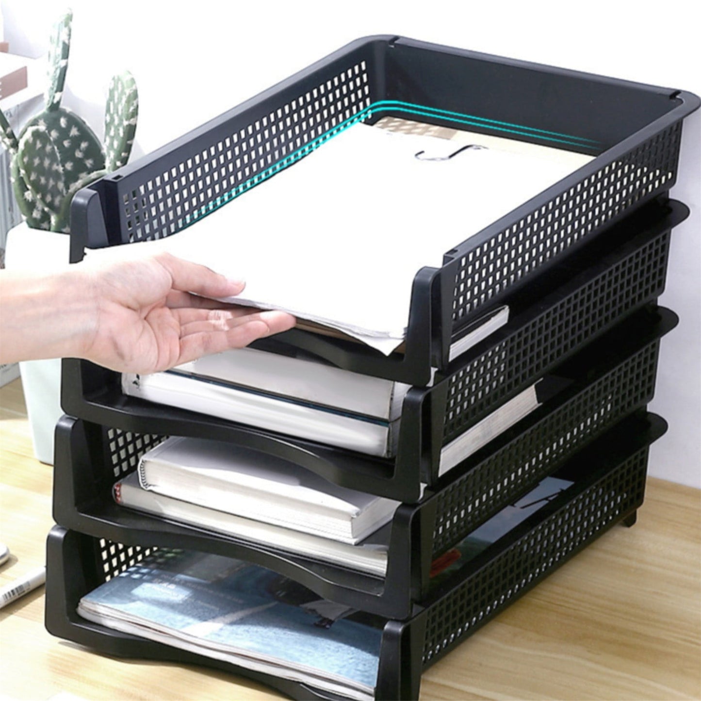 Stackable Paper Trays, Heavy Duty Rectangular Plastic Desk Holder Desktop Document File Organizer Storage V1189-LWWAL-20260401-06124