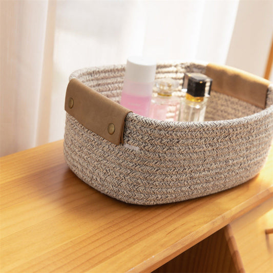 Cotton Woven Basket with PU Leather Handle, Clothes Toys Candy Gifts Cotton Rope Organizer, Living Room V1189-LWWAL-20260401-06299