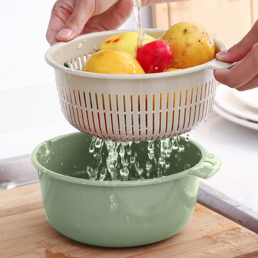 2 in 1 Kitchen Strainer Colander Bowls Set, Thickened Plastic Detachable Double Layer Drainage Basket Fruit V1189-LWWAL-20260401-06842