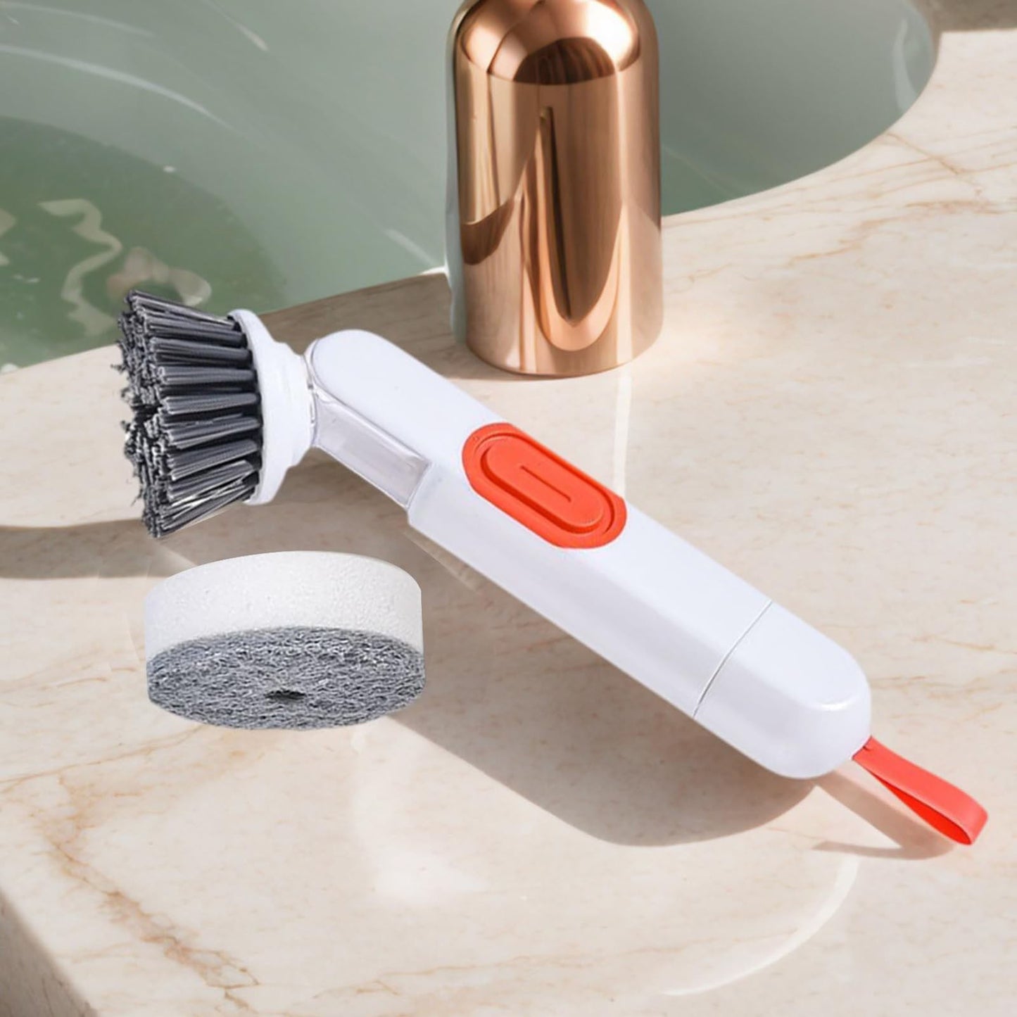 Handheld Press Liquid Dispensing Cleaning Brush with 2 Replaceable Heads, Multi-Purpose Kitchen Dish Brush V1189-LWWAL-20260401-07069