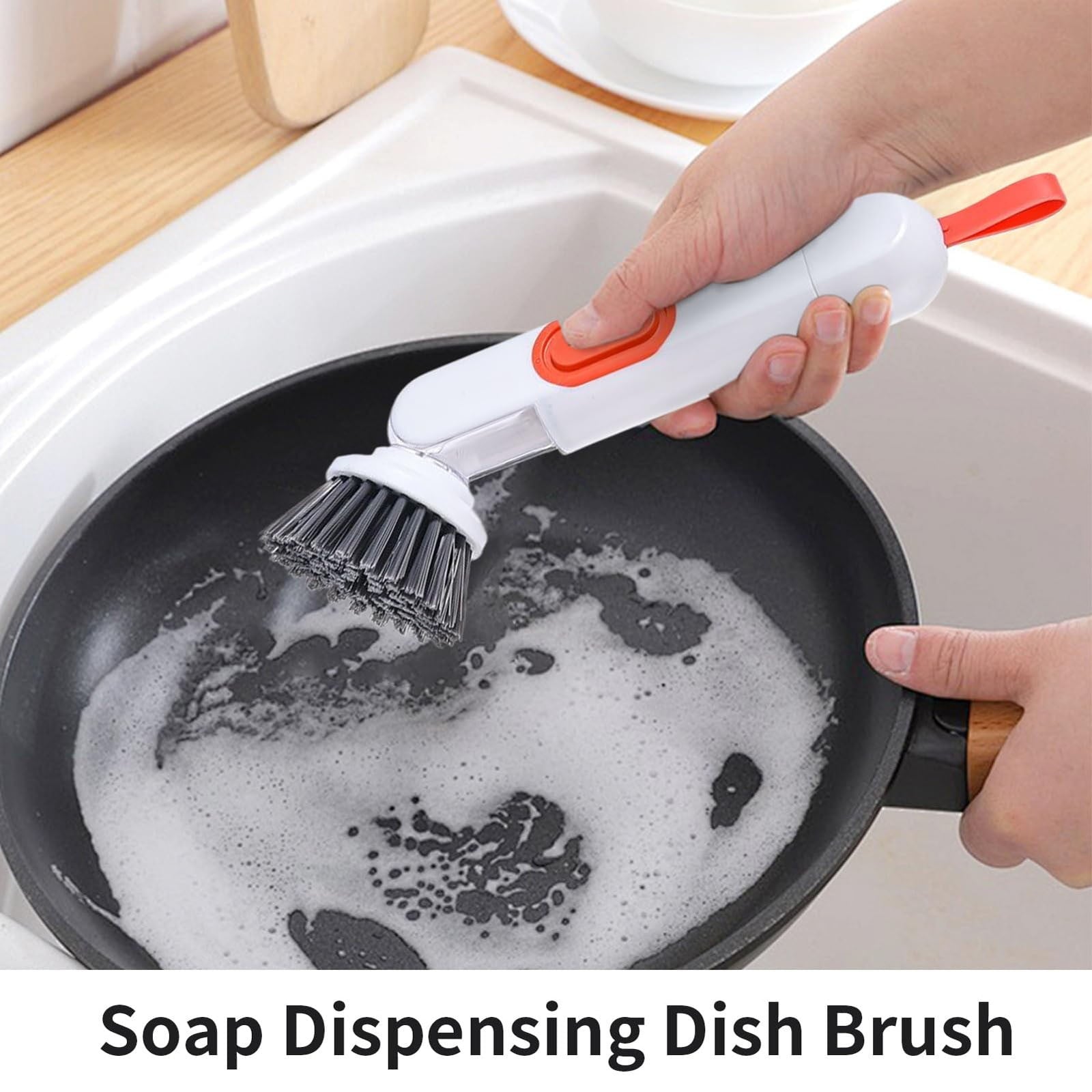 Handheld Press Liquid Dispensing Cleaning Brush with 2 Replaceable Heads, Multi-Purpose Kitchen Dish Brush V1189-LWWAL-20260401-07069