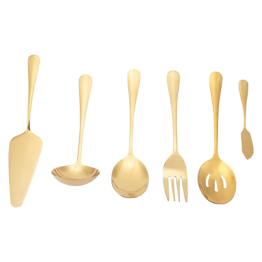 Stainless Steel Gold Serving Utensils Set of 6, Heavy Duty Metal Serving Spoons Slotted Spoons Forks Set for V1189-LWWAL-20260401-07095
