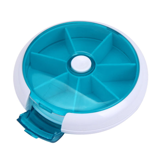 7-Compartment Round Pill Organizer, Portable Plastic Medicine Storage Case with Rotating Dispenser, Compact V1189-LWWAL-20260401-07221