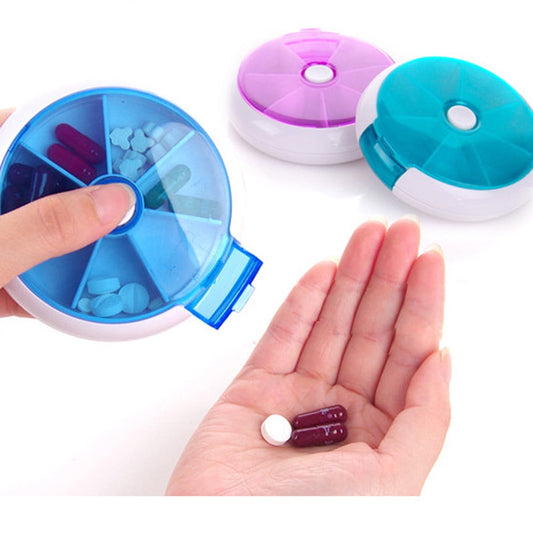 7-Compartment Round Pill Organizer, Portable Plastic Medicine Storage Case with Rotating Dispenser, Compact V1189-LWWAL-20260401-07221