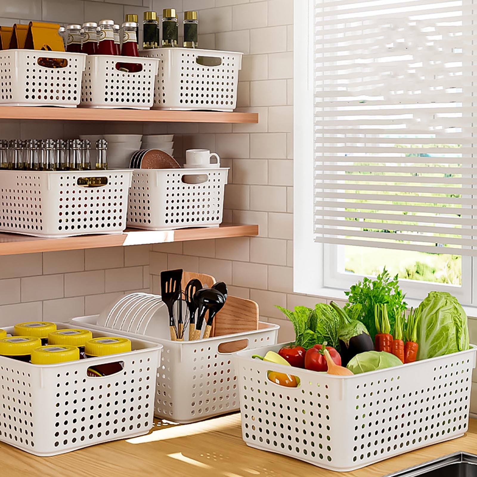 Large Plastic Storage Basket for Home Organization, Tabletop Snack Bin or Vegetable Container, Handled Open V1189-LWWAL-20260401-07231