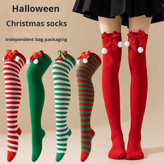 Christmas Socks Women - Overknee Socks - Christmas Knee Socks - Striped Socks - Elf Costume - Santa Claus - V1189-WXF-260203-00211