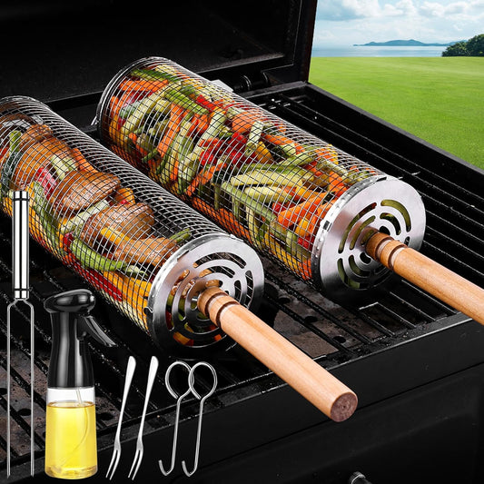 BBQ Grill Basket - Rotating Barbecue Basket - Stainless Steel Vegetable Basket - Fish Rack - Grill Basket - V1189-WXF-260203-00271