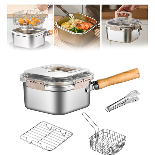Induction Saucepan - Mini Deep Fryer - Milk Pan - Square Cooking Pot - Stainless Steel - With Frying Basket - V1189-WXF-260203-00358
