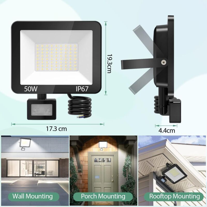 50W LED Floodlight with Motion Sensor IP67 Waterproof 5000LM 7000K Cool White V1189-WXF-521-0010