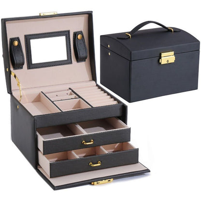 Jewelry Box 3 Layer Faux Leather Makeup Case with 2 Drawers Black V1189-WXF-521-0057