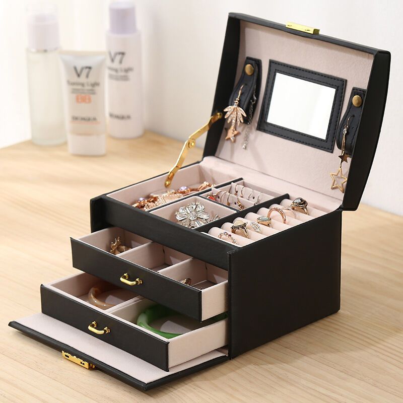Jewelry Box 3 Layer Faux Leather Makeup Case with 2 Drawers Black V1189-WXF-521-0057
