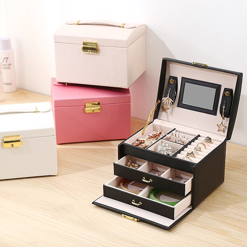 Jewelry Box 3 Layer Faux Leather Makeup Case with 2 Drawers Black V1189-WXF-521-0057