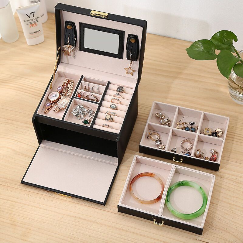 Jewelry Box 3 Layer Faux Leather Makeup Case with 2 Drawers Black V1189-WXF-521-0057