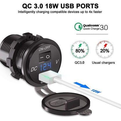 QC 3.0 Car USB Socket 12V 24V Waterproof Charger with Switch and LED Voltmeter V1189-WXF-521-0101