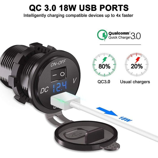 QC 3.0 Car USB Socket 12V 24V Waterproof Charger with Switch and LED Voltmeter V1189-WXF-521-0101