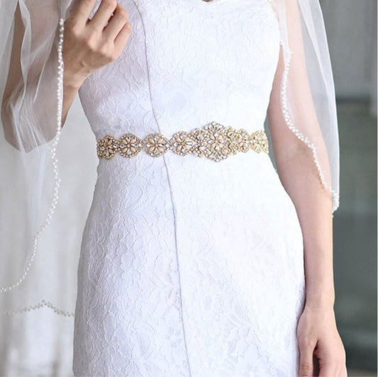 Bridal Belt | Belt | Women's Belt | Wedding Accessories | White Ribbon Organza | Glitter Belt | Gold V1189-WXFBOL-101-1