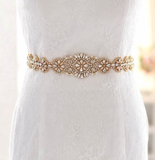 Bridal Belt | Belt | Women's Belt | Wedding Accessories | White Ribbon Organza | Glitter Belt | Gold V1189-WXFBOL-101-1