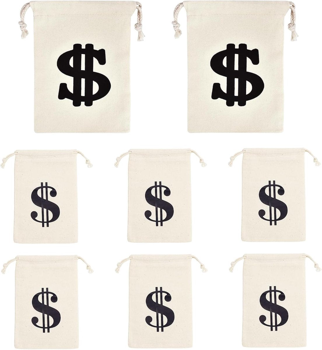 Pack of 8 Fabric Bags - Small Dollar Sign - Drawstring - Coin Pocket - Storage Accessories V1189-WXFBOL-14-1