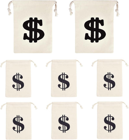 Pack of 8 Fabric Bags - Small Dollar Sign - Drawstring - Coin Pocket - Storage Accessories V1189-WXFBOL-14-1