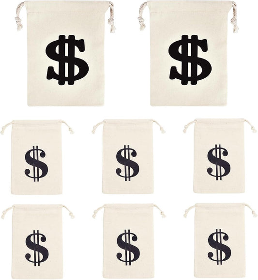 Pack of 8 Fabric Bags - Small Dollar Sign - Drawstring - Coin Pocket - Storage Accessories V1189-WXFBOL-14-1