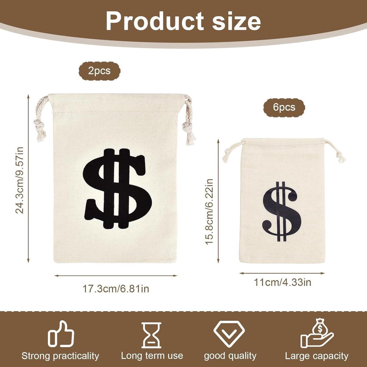 Pack of 8 Fabric Bags - Small Dollar Sign - Drawstring - Coin Pocket - Storage Accessories V1189-WXFBOL-14-1