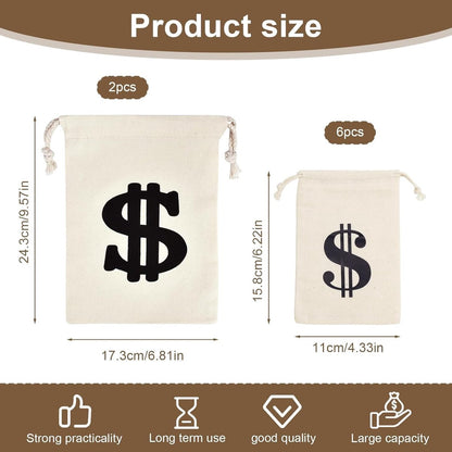 Pack of 8 Fabric Bags - Small Dollar Sign - Drawstring - Coin Pocket - Storage Accessories V1189-WXFBOL-14-1